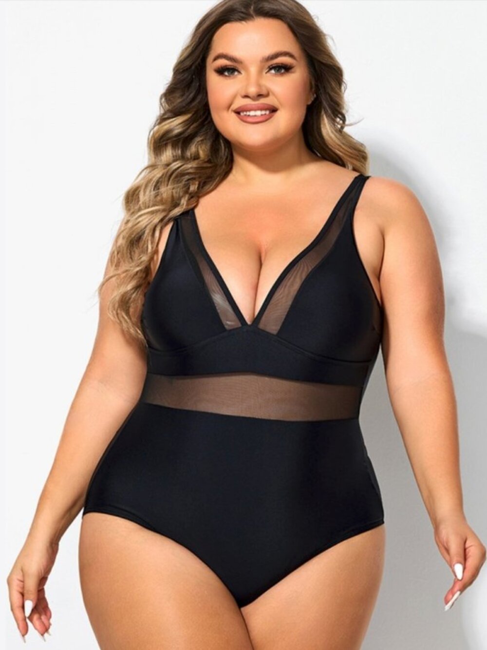 BRAND NEW Meet.Curve XL Black V Neck Mesh Splicing One Piece Swimsuit